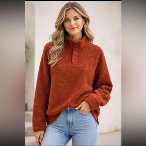 Old Navy Sherpa 1/4 Snap Pullover Sweatshirt Woman Large Brown Comfy Oversized